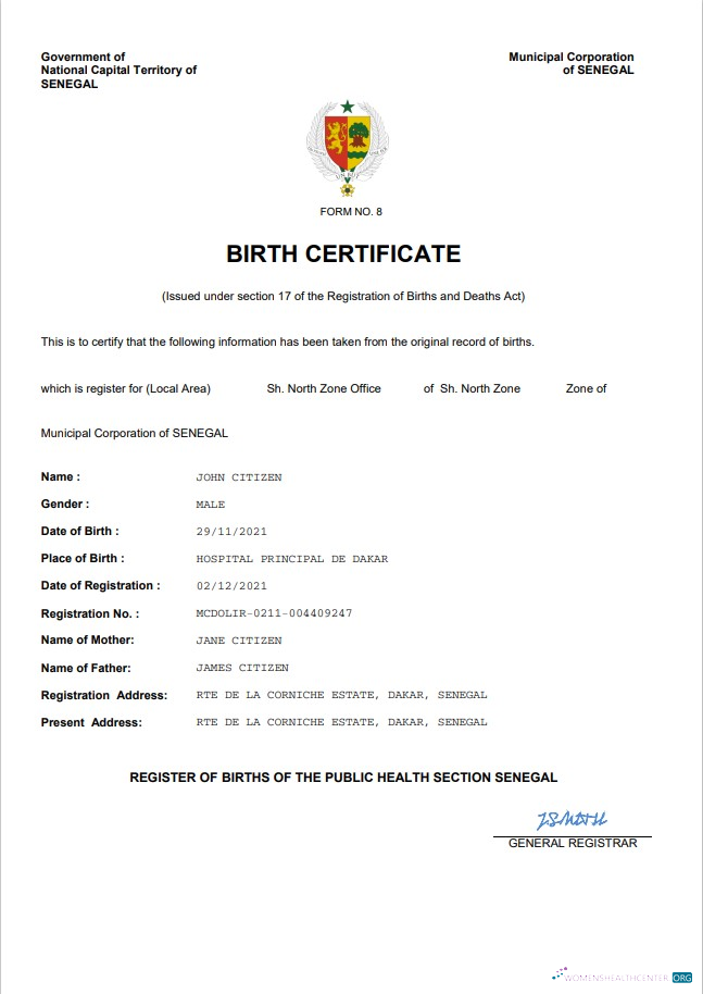 Download Senegal vital record birth certificate Word and PDF template Photoshop template